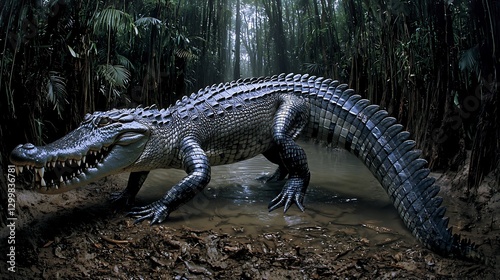 A crocodile lurking in the rainforest shallows, its powerful body rising from the depths as dense jungle trees cast shadows over the water