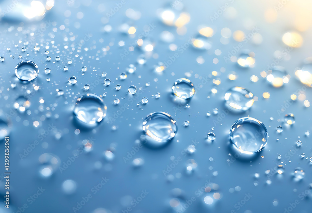 Water droplets on a blue surface reflecting light Water droplets on a blue surface reflecting light