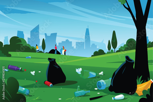 A vibrant illustration depicting a neglected city park overflowing with litter, showcasing overflowing bins and discarded waste.  Focus on the contrast between urban decay and natural elements.