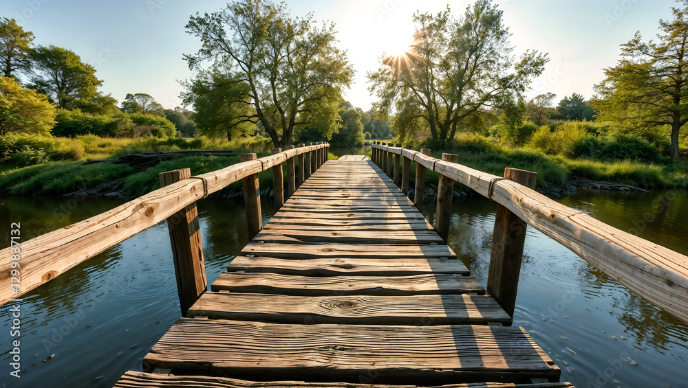 Fototapeta premium A rustic wooden bridge stretching over a quiet river, bathed in warm golden sunlight. Generative AI