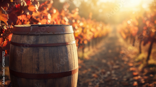 Wallpaper Mural An aged wooden wine barrel resting in the vineyard, sunlit vines softly blurred in the background, subtle earthy tones creating harmony Torontodigital.ca
