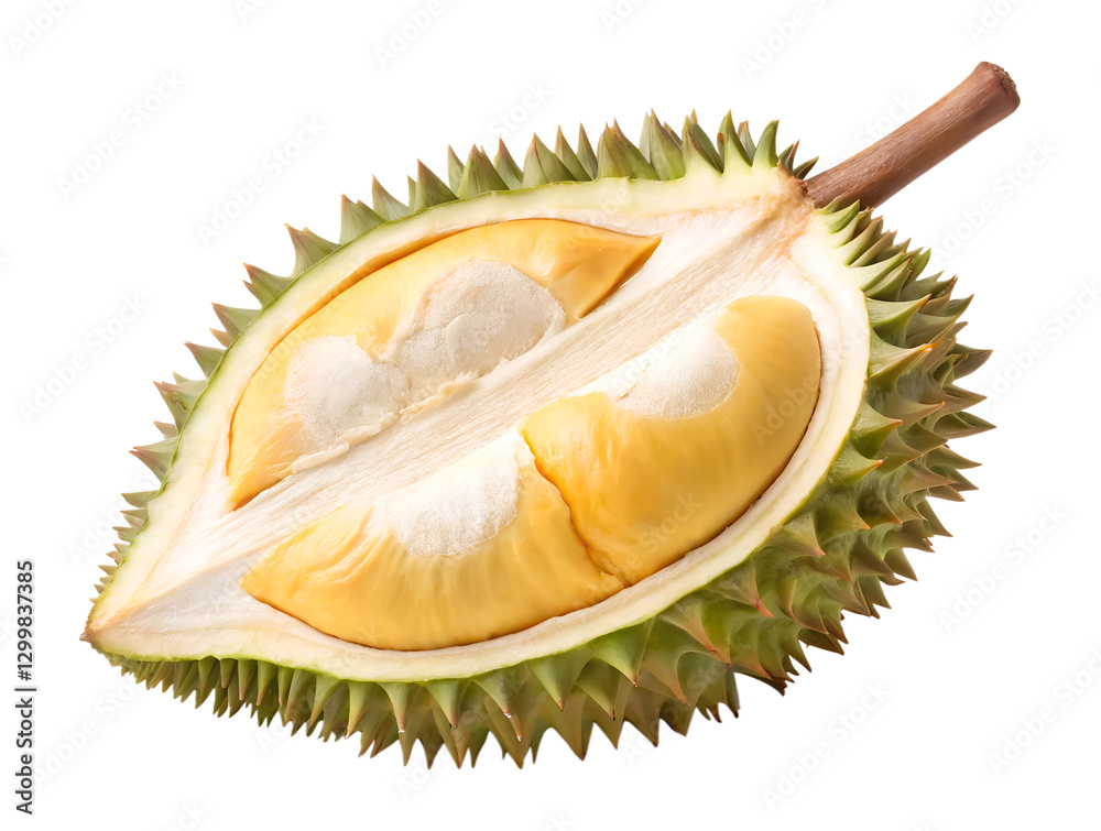 Fototapeta premium Peeled durian half with pulp or flesh isolated on white background generated with AI.