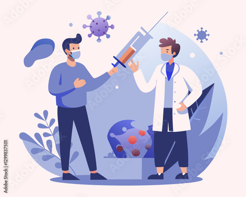 Coronavirus (COVID-19) Vaccination – Doctor Administering Vaccine to Young Man – Vector Illustration