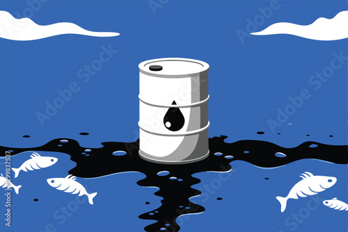 Create a detailed illustration of a rusty, leaking oil barrel surrounded by polluted, brown earth and wilting vegetation. Show environmental damage.