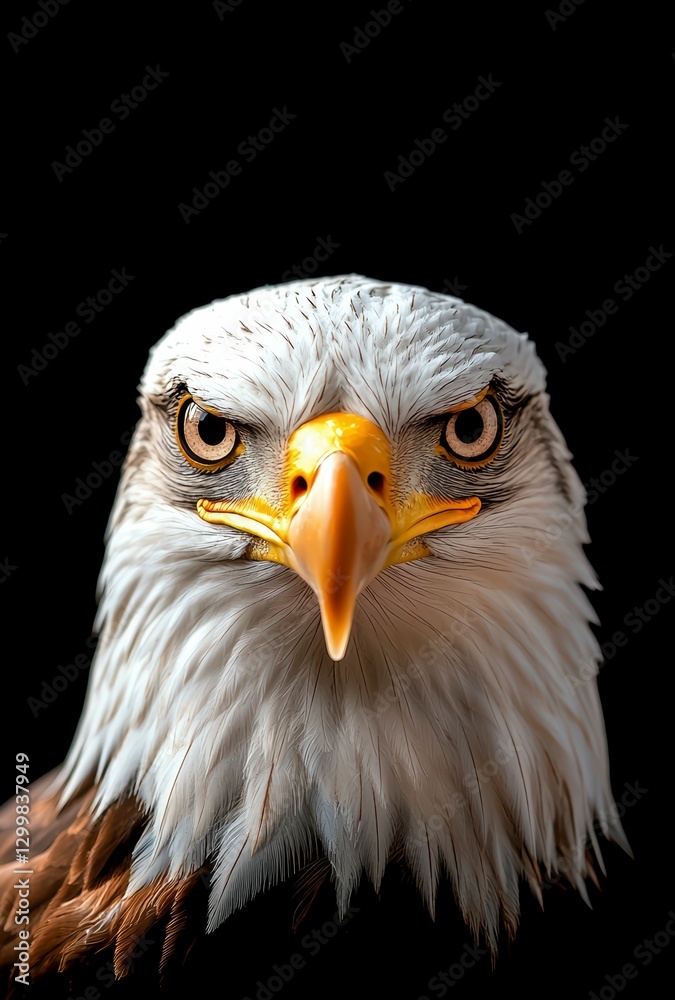 Intense Gaze of a Bald Eagle Head on Black Backdrop Avian Predator Staring Wild Bird Portrait Intense Gaze of a Bald Eagle Head on Black Backdrop Avian Predator Staring Wild Bird Portrait