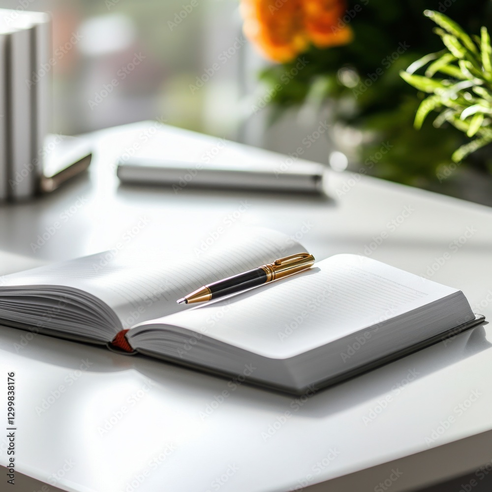 An open notebook with a pen on a bright desk surrounded by greenery. An open notebook with a pen on a bright desk surrounded by greenery.