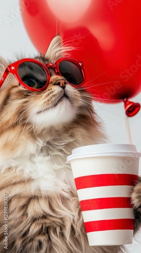 Stylish Cat with Red Sunglasses, Balloon, and Drink