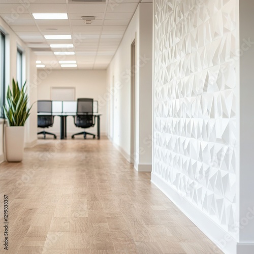 Modern office hallway with light wood flooring and contemporary design elements.