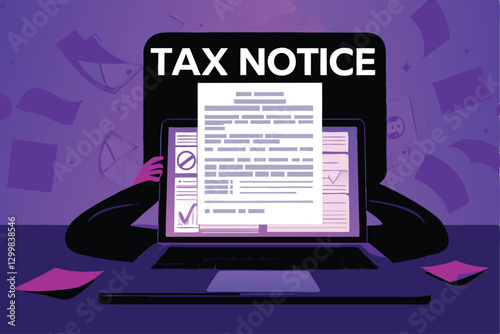 Illustration depicting a stressed individual overwhelmed by a large, official-looking tax notice.  Show visible signs of anxiety and frustration.