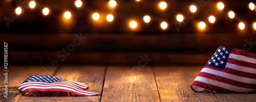 American Flags Displayed on Wooden Surface with Festive Lights for Patriotic Celebration Design photo