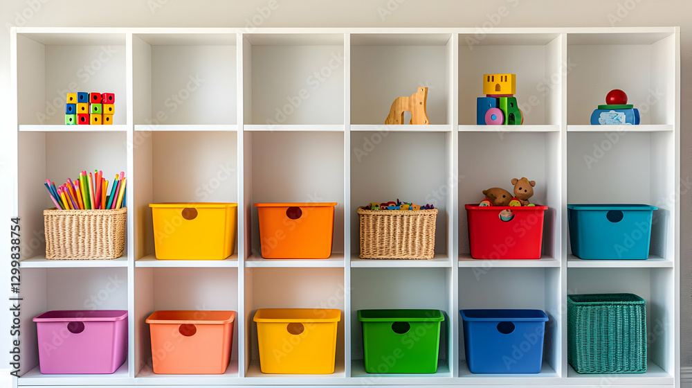 Fototapeta premium White Shelving Unit with Colorful Storage Boxes and Assorted Toys for Home Organization