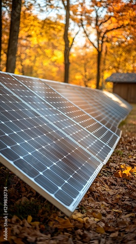 Solar panels in autumn forest, power station