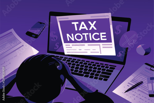 Illustrate a stressed person overwhelmed by a large, looming tax notice; depict anxiety and financial worry.