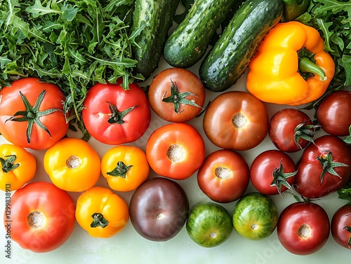 Veggies Display Tomatoes, Cucumbers, Greens