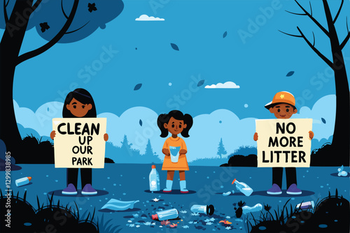 Create a vibrant illustration of diverse children actively participating in a cleanup, each holding signs advocating for environmental preservation.