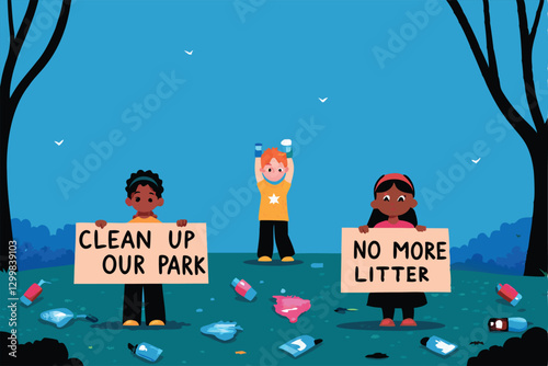 Illustration of diverse children enthusiastically holding signs advocating for environmental cleanup.  Show bright colors and positive expressions.