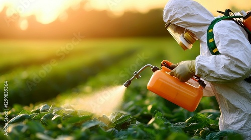 Individual Applying Agricultural Chemicals in Field with Protective Suit and Equipment for Farming Crops