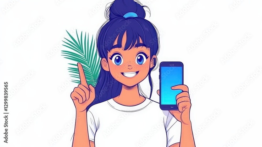 Animated woman holds phone and points up next to a plant; white background Animated woman holds phone and points up next to a plant; white background