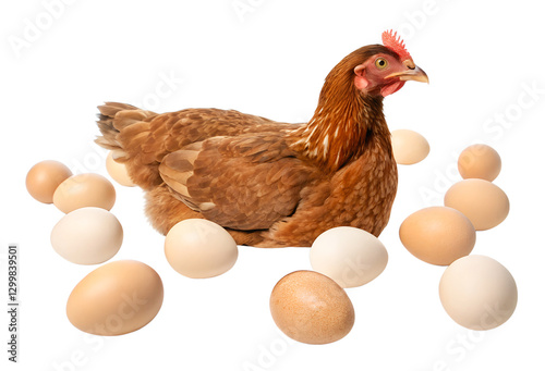 A hen or layer laying and hatching its egss isolated on white background generated with AI photo