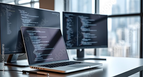 A laptop on a desk with a second monitor, showing lines of code. The background is a sleek, modern workspace with a blurred city view through the window.