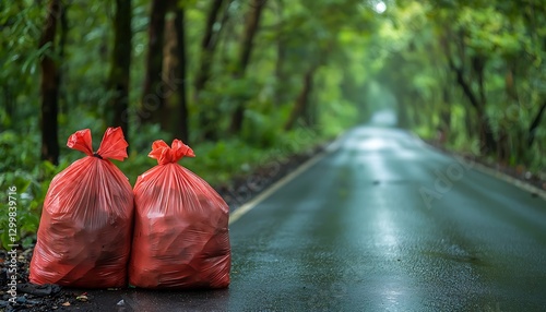 Trash bags along forest road edge