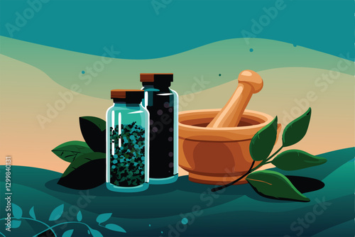 Create a detailed illustration of various herbal medicine bottles, showcasing green leafy herbs and labels with botanical names.  Focus on realistic detail and vibrant colors.