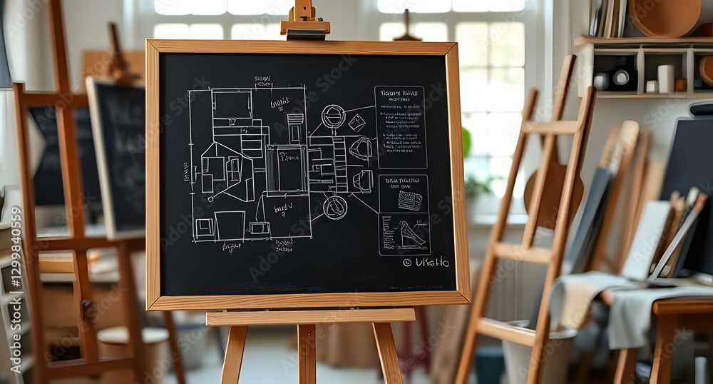© Focus Finds - A chalkboard with a detailed drawing or diagram, set on an easel in a creative studio. The background shows art supplies and natural light