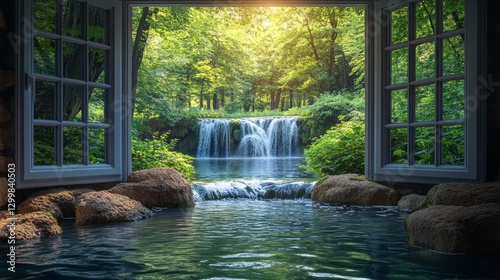 Wallpaper Mural Serene waterfall view from open window. Torontodigital.ca