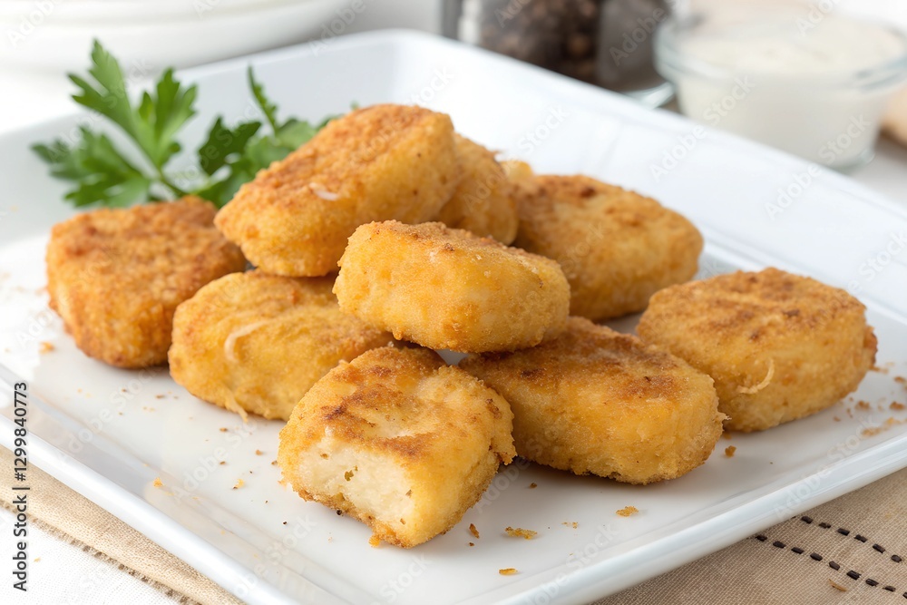 Chicken nuggets are bite-sized pieces of breaded and deep-fried chicken, often served with dipping sauces. They're crispy on the outside and tender on the inside. Chicken nuggets are bite-sized pieces of breaded and deep-fried chicken, often served with dipping sauces. They're crispy on the outside and tender on the inside.