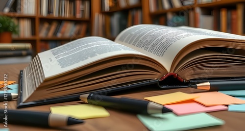 A close-up of an open book with a bookmark, surrounded by scattered stationery like pens and sticky notes. The background is a cozy home library