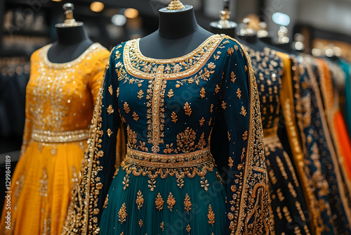 Indian Designer Dresses on Mannequins in Boutique