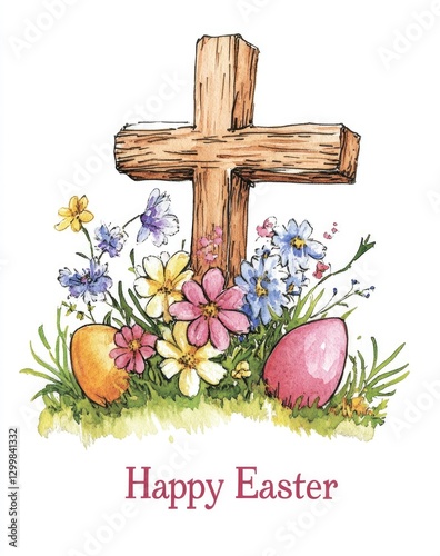 Watercolor painting of a wooden cross with spring flowers, in pastel colors, on a white background, with the text Happy Easter.