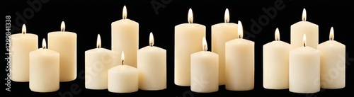 Tranquil display of varied white candles on black background, featuring different sizes and shapes, some lit, evoking serenity.