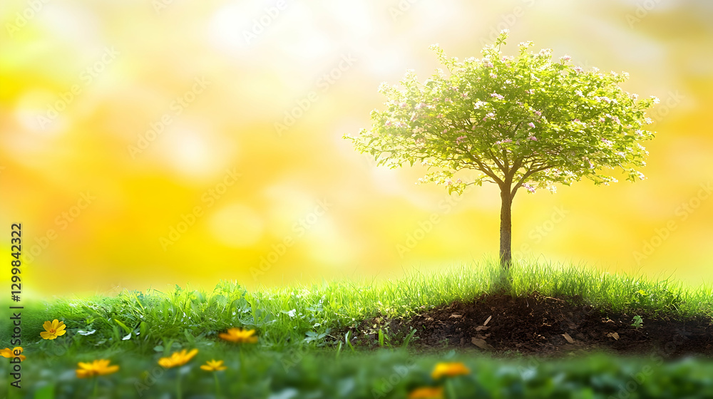 Spring blossoms emerge, vibrant tree, grassy meadow Spring blossoms emerge, vibrant tree, grassy meadow