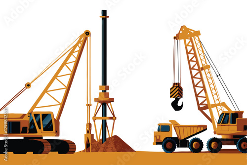 A photorealistic image depicting heavy industrial mining equipment, including powerful cranes, drilling rigs, and excavators, operating in a large-scale mining operation.