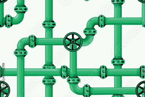 Generate a detailed image of interconnected industrial pipes forming a complex, repeating pattern.  Focus on metallic textures and intricate pipework junctions.