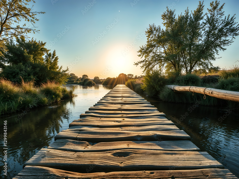 Fototapeta premium A rustic wooden bridge stretching over a quiet river, bathed in warm golden sunlight. Generative AI