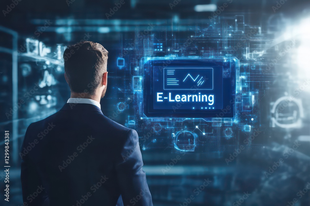 A tech-inspired image of a businessman standing in front of a floating digital interface, selecting A tech-inspired image of a businessman standing in front of a floating digital interface, selecting