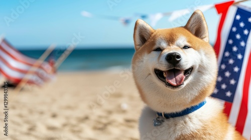 Cheerful Shiba Inu Dog Celebrates Independence Day on Sunny Beach with American Flags 4th of July
