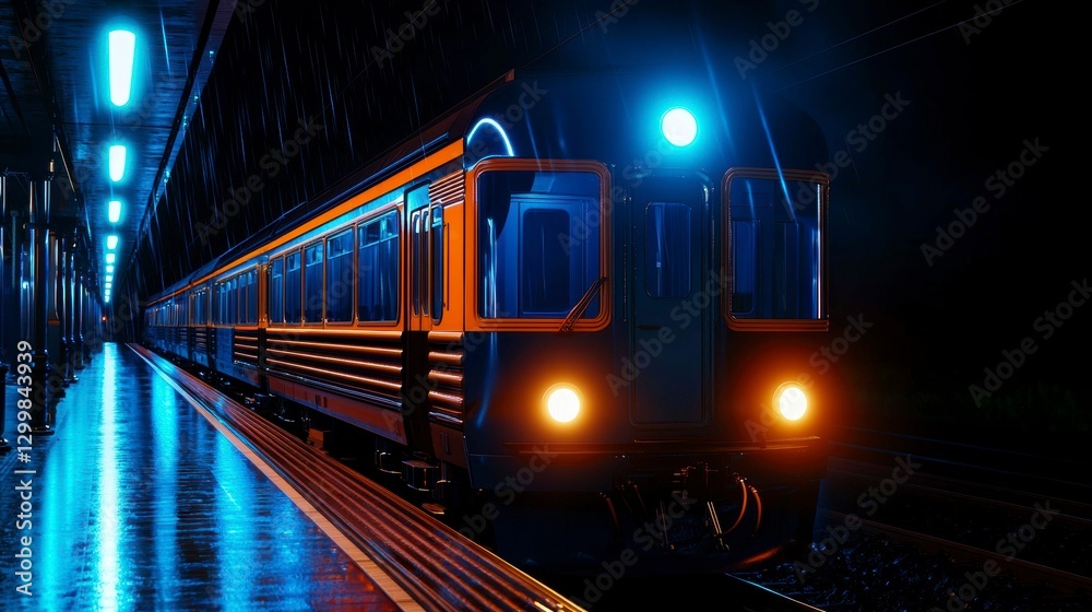 Obraz premium Night Train Arriving at Platform Neon Lights Cityscape
