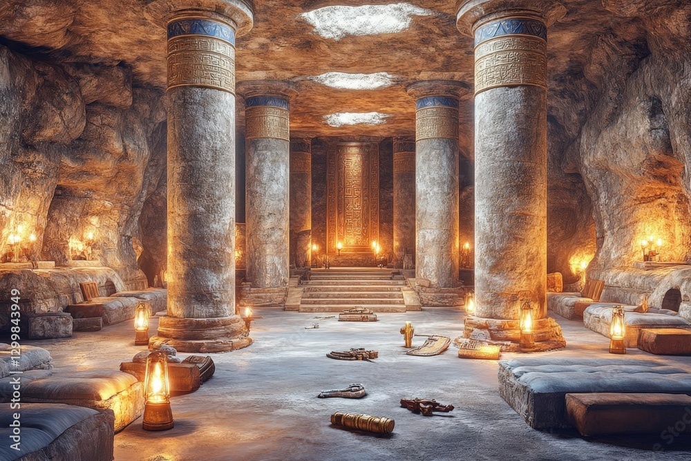 Fototapeta premium Ancient Temple Interior With Pillars And Candles