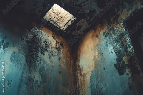 Dark, grunge corner with square light source above. Ideal for themes of decay, mystery, or confinement.