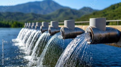 Cascading Water Flowing Through Pipes at a Dam Infrastructure with a Mountain View Backdrop