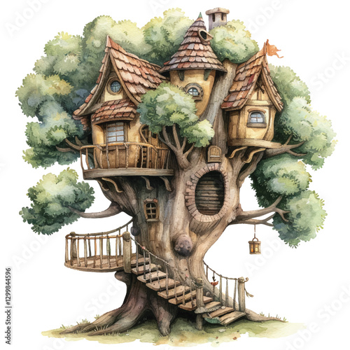 A whimsical treehouse in a big tree cartoon style watercolor