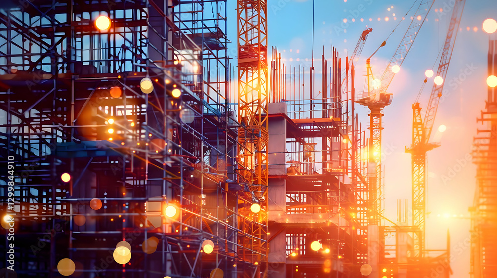 Obraz premium Construction site at dusk with cranes and scaffolding illuminated by warm lights