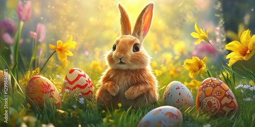 Easter Bunny in a Meadow: A charming Easter bunny sits amidst a vibrant meadow filled with colorful Easter eggs and spring flowers, embodying the spirit of springtime and celebration.