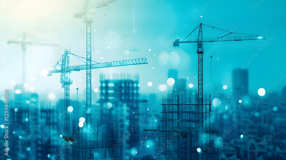 Construction cranes towering over a city skyline with blurred lights in the background Construction cranes towering over a city skyline with blurred lights in the background