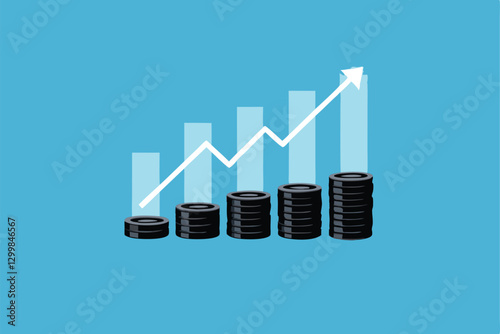 Illustrate minimalistic stacked coins and rising bar charts, symbolizing financial growth and success.  Use clean lines and muted colors.