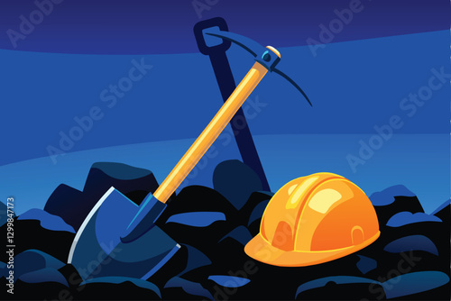 A meticulously detailed illustration of various mining tools resting on heaps of coal, emphasizing texture and contrast.  Illustrative style, realistic depiction.