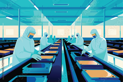 A pristine modern cleanroom factory interior; workers in protective gear meticulously assemble high-tech components.